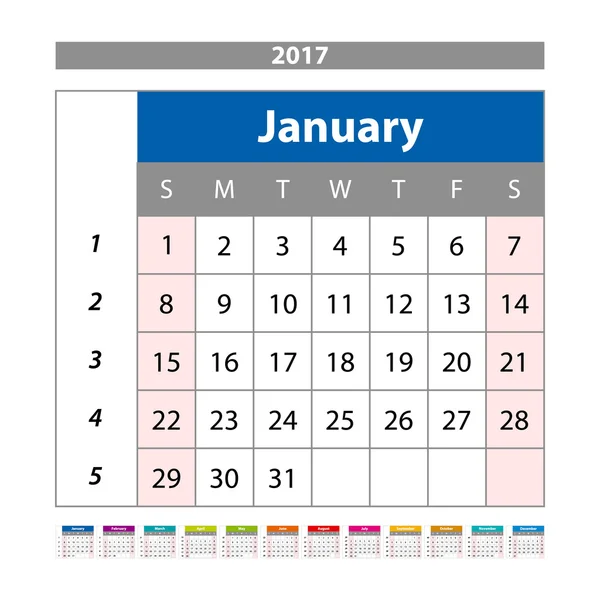 Planificador de Calendario 2017 Año. Plantilla de diseño con lugar para fotos y notas. Enero. Semana comienza domingo vector — Vector de stock