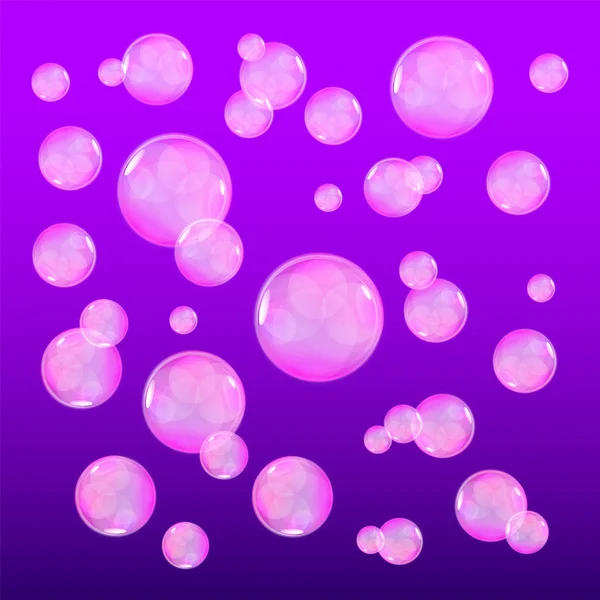 Bolle in acqua su sfondo viola modello orizzontale senza cuciture. Cerchio e liquido, design leggero, chiaro sapone lucido, illustrazione vettoriale — Vettoriale Stock