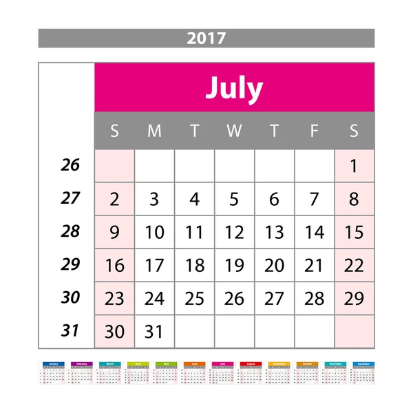Calendario de escritorio para 2017 Año. Julio. Plantilla de impresión de diseño vectorial con lugar para la foto. Semana comienza el lunes — Vector de stock