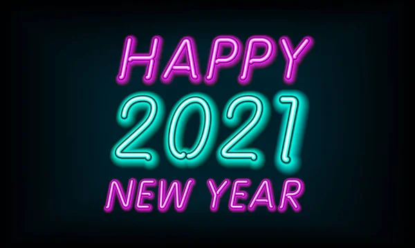 Tebrik Kartı Neon Harfler Mutlu Yıllar 2021 Siyah Arkaplan Vektör — Stok Vektör