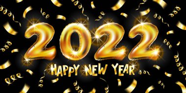2022 yılı altın balonları. Altın kurdele ve konfetiyle mutlu yıllar siyah arka plan. Parlayan neon sarısıyla Noel süslemesi. Vektör kış tatili tebrik kartı şablonu.