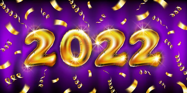 Mutlu yıllar 2022. Arka planda gerçekçi altın balonlar. Dekoratif tasarım elementleri. Nesne 3 boyutlu kurdeleli balon. Parti afişi, afiş, tebrik kartı. Kutlama Vektörü — Stok Vektör
