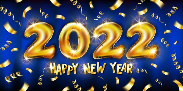 2022 év arany lufik Boldog új évet üdvözlő kártyát. Kék háttér. Szezonális számok és szöveg. Nyaralás logotípusa. Absztrakt elszigetelt grafikai tervezési sablon. Naptárcím. Szülinapi arany számjegyek — Stock Vector