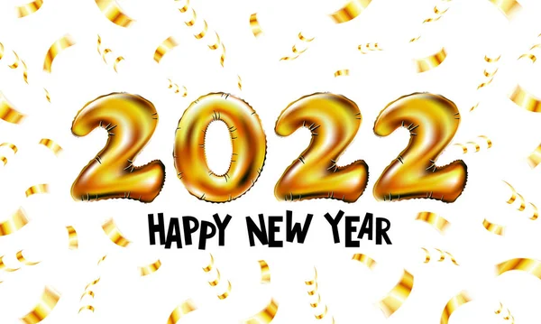 Gelukkig Nieuwjaar 2022. Achtergrond realistische gouden ballonnen. Decoratieve design elementen. Object renderen 3D ballon met lint. Vier feest Poster, banner, wenskaart. Feestelijke vector — Stockvector