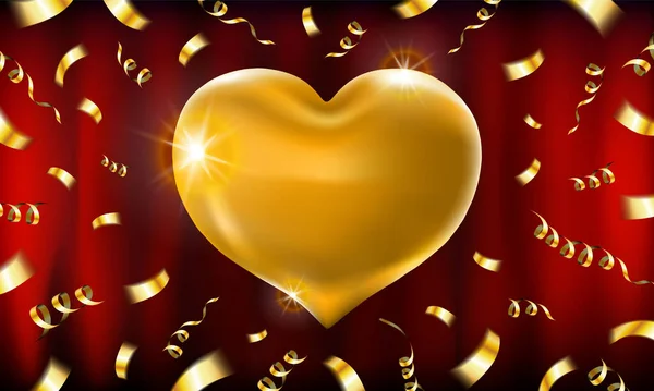 Gouden Valentines hart. Decoratieve hart achtergrond met veel valentijnskaarten harten vliegen op rgold linten met confetti op rode muur.. Vector illustratie. — Stockvector