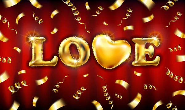 Ouro Amor Valentim coração. Fundo de coração decorativo com muitos corações de namorados voam em fitas de ouro com confete na parede vermelha. Ilustração vetorial. — Vetor de Stock