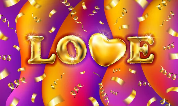 Oro Amore cuore di San Valentino. Cuore decorativo sfondo colorato con un sacco di cuori di San Valentino volare su nastri d'oro con coriandoli. Illustrazione vettoriale. — Vettoriale Stock