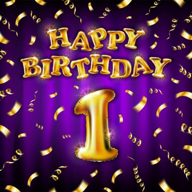 Altın şişirilebilir balondan yapılmış birinci doğum günün kutlu olsun. Menekşe arkaplanda izole edilmiş bir mektup. Mutlu yıllar parti balonları konsept vektör illüstrasyonu