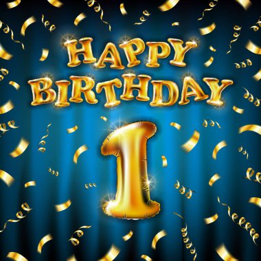 Altın şişirilebilir balondan yapılmış birinci doğum günün kutlu olsun. Mavi arka planda izole edilmiş tek harf. Mutlu yıllar parti balonları konsept vektör illüstrasyonu