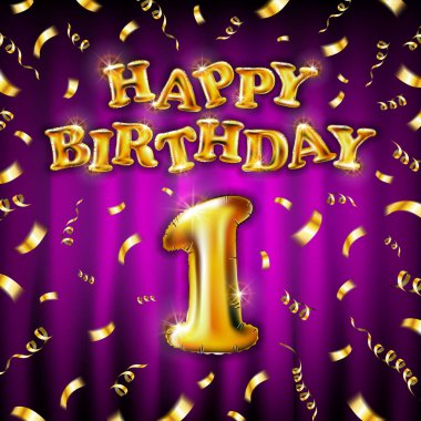 Altın şişirilebilir balondan yapılmış birinci doğum günün kutlu olsun. Pembe arka planda izole edilmiş bir mektup. Mutlu yıllar parti balonları konsept vektör illüstrasyonu