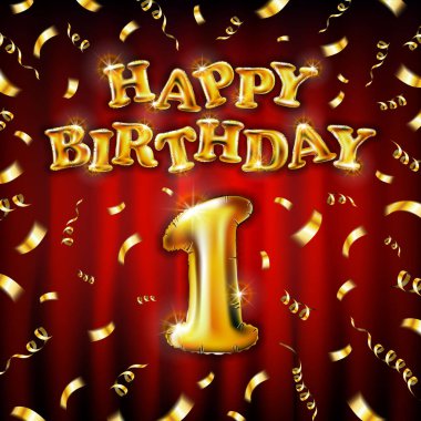 Birinci doğum günün kutlu olsun. Kırmızı arka planda izole edilmiş altın şişirilebilir balondan yapılmış bir mesaj. Mutlu yıllar parti balonları konsept vektör illüstrasyonu