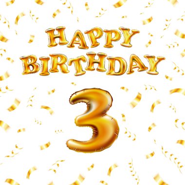 Altın şişirilebilir balondan yapılmış 3 mesaj. Beyaz arka planda üç harf izole edilmiş. Mutlu yıllar parti balonları konsept vektör illüstrasyonu