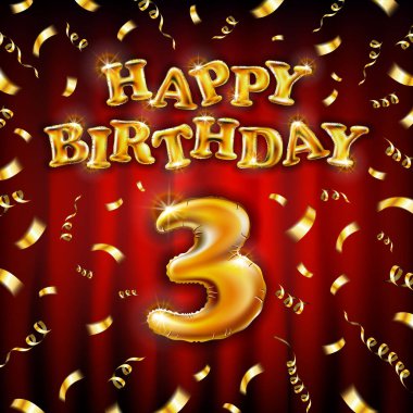 Altın şişirilebilir balondan yapılmış 3 mesaj. Kırmızı arkaplanda üç harf izole edilmiş. Mutlu yıllar parti balonları konsept vektör illüstrasyonu