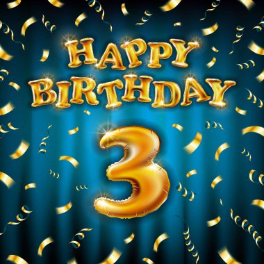 Altın şişirilebilir balondan yapılmış 3 mesaj. Mavi arka planda üç harf izole edilmiş. Mutlu yıllar parti balonları konsept vektör illüstrasyonu