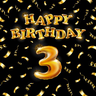 Altın şişirilebilir balondan yapılmış 3 mesaj siyah arka planda izole edilmiş 3 harf. Mutlu yıllar parti balonları konsept vektör illüstrasyonu