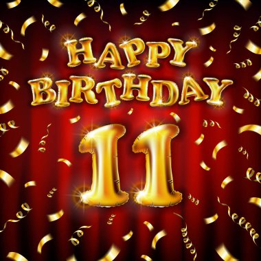 Altın şişirilebilir balondan yapılmış 11 doğum günü mesajı. Kırmızı arka planda izole edilmiş 11 harf. Konfetili altın kurdeleler üzerinde uçuyor. Doğum günün kutlu olsun balonlar konsept vektör çizim sanatı