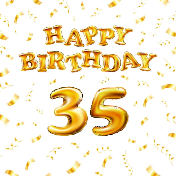 黄金35号金属气球.祝你生日快乐，金黄色的充气气球。35个数字字母白色背景。用五彩纸屑放飞金丝带。矢量说明 — 图库矢量图片