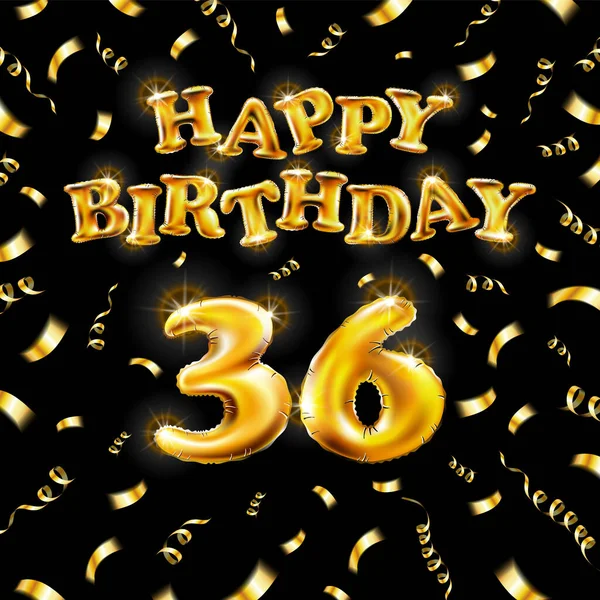Χρυσό νούμερο 36 μεταλλικό μπαλόνι. Happy Birthday μήνυμα από χρυσό φουσκωτό μπαλόνι. 36 γράμματα σε κόκκινο φόντο. φέρουν χρυσές κορδέλες με κομφετί. εικονογράφηση διανύσματος — Διανυσματικό Αρχείο