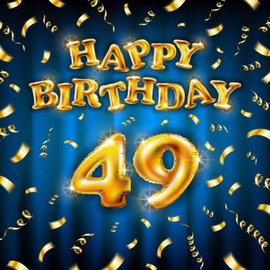 Altın numara kırk dokuz metalik balon. Altın şişirilebilir balondan yapılmış doğum günü mesajın kutlu olsun. Mavi arka planda 48 numara var. Konfetiyle altın kurdeleler uçur. vektör illüstrasyonu
