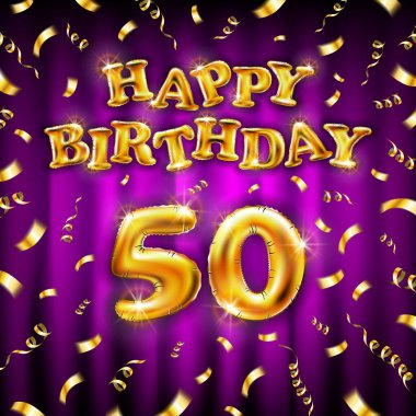 Altın sayı 50 yıl metalik balon. Altın şişirilebilir balondan yapılmış doğum günü mesajın kutlu olsun. Pembe arka planda 50 numara var. Konfetiyle altın kurdeleler uçur. vektör illüstrasyonu
