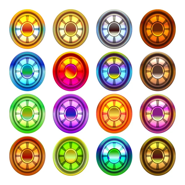Iconos de gemas vectoriales de dibujos animados y diamantes engastados en diferentes colores — Vector de stock