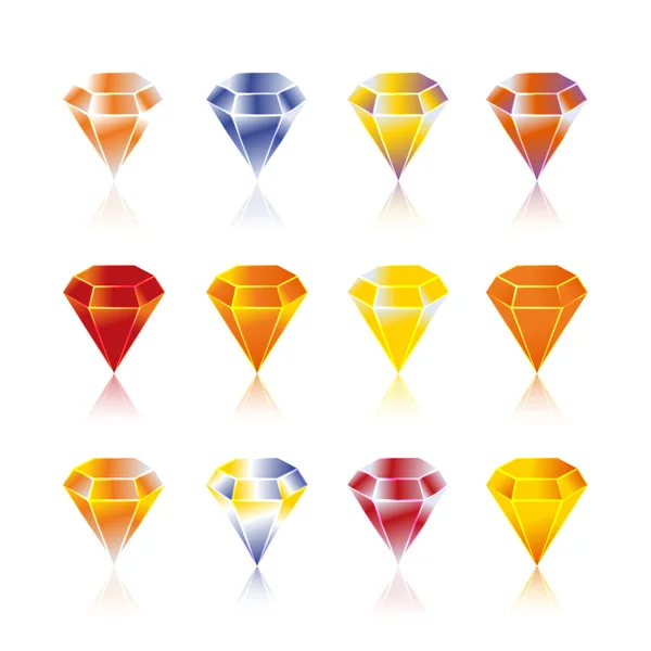 Gemmes vectorielles de bande dessinée et icônes de diamants serties dans différentes couleurs — Image vectorielle