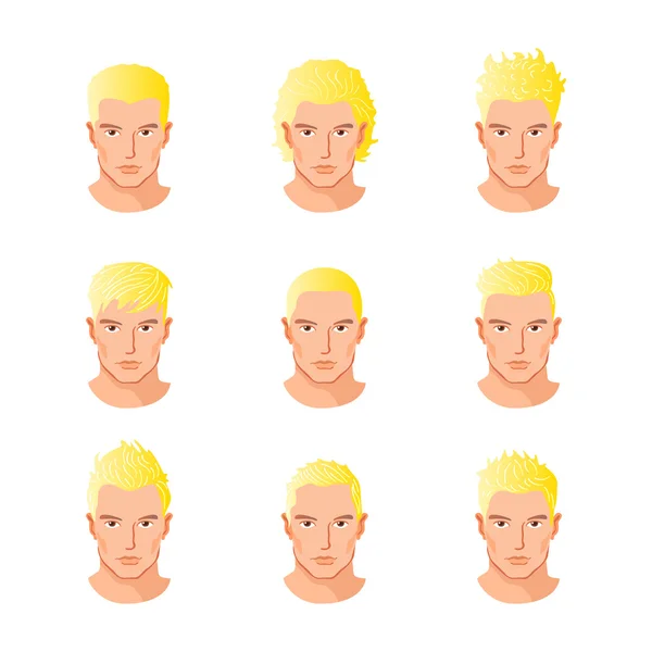 Set différents styles de cheveux jeunes hommes portraits illustrations vectorielles isolées — Image vectorielle