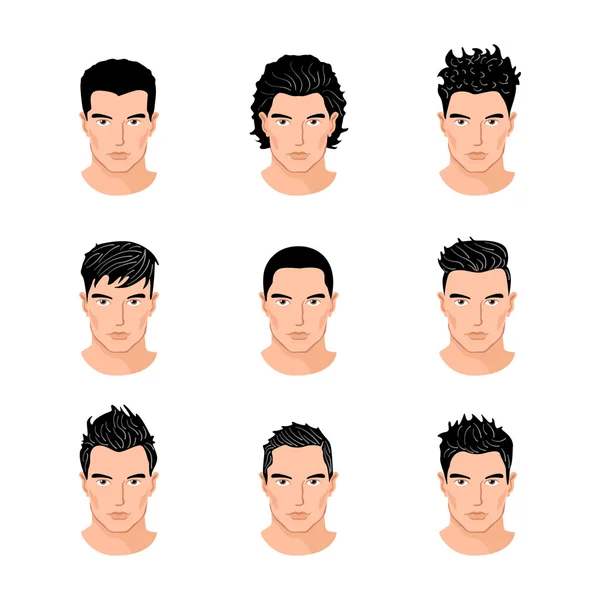 Establecer diferentes estilos de cabello retratos de hombres jóvenes ilustraciones vectoriales aislados — Archivo Imágenes Vectoriales