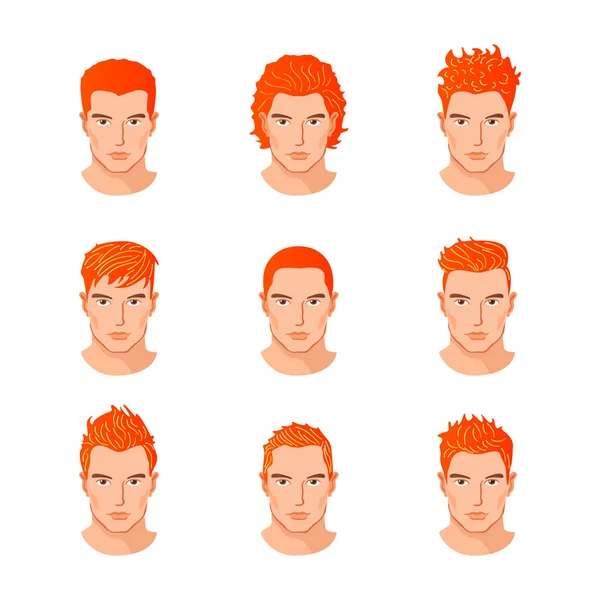 Establecer diferentes estilos de cabello retratos de hombres jóvenes ilustraciones vectoriales aislados — Vector de stock