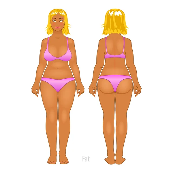 Mujer gorda y delgada, ilustración vectorial, normal, cuerpo anorexia — Vector de stock
