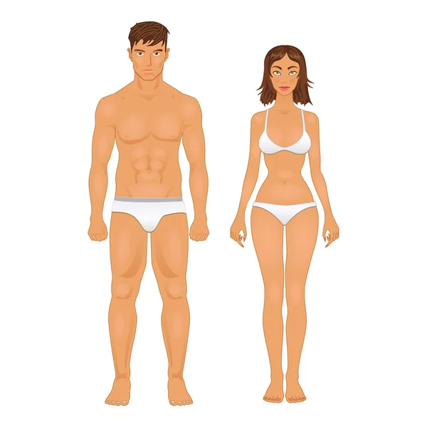 Tipo de cuerpo sano de hombre y mujer en colores retro — Vector de stock