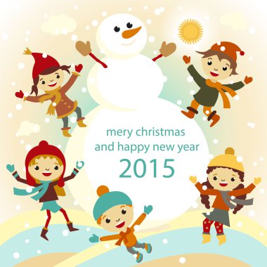 Kardan adam ailesinin bir kürk-ağaç vektör retro 2015 Giydir