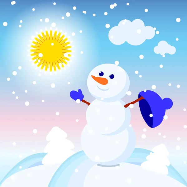 Ilustración de un muñeco de nieve en un vector de día brillante de invierno — Archivo Imágenes Vectoriales