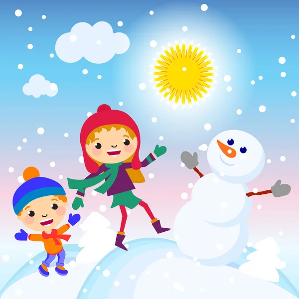 Kinder basteln einen Schneemann an einem sonnigen Tag Vektor Illustration — Stockvektor