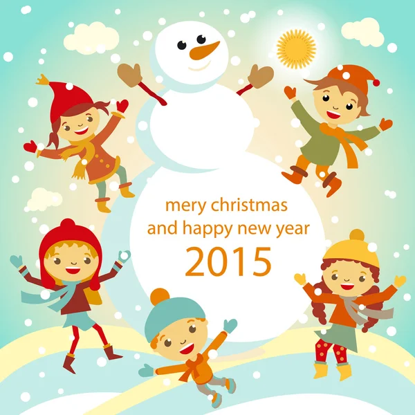 La famille des bonhommes de neige habille un vecteur de sapin rétro 2015 — Image vectorielle