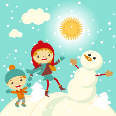 Kar retro Noel kartı ile oynayan mutlu çocuklar. Vektör çizim.