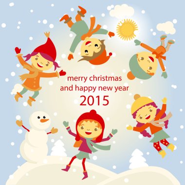 Kış eğlence kardan adam çocuklar 2015 retro vektör