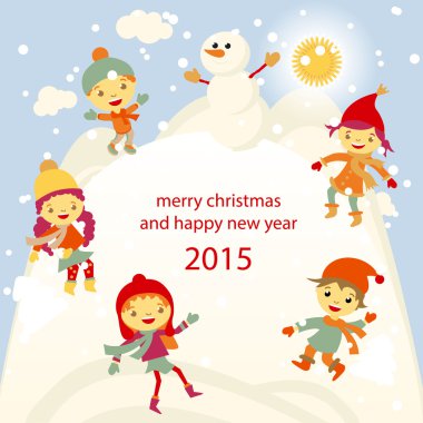 Kış eğlence kardan adam çocuklar 2015 retro vektör