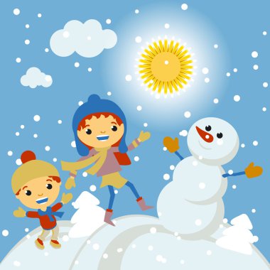 Kış manzarası, kar yağışı ve asılı, vektör çizim ile neşeli Noel tebrik kartı