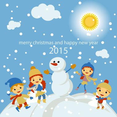 Kış manzarası, kar yağışı ve asılı, vektör çizim ile neşeli Noel tebrik kartı