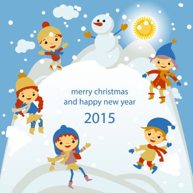 Kış manzarası, kar yağışı ve asılı, vektör çizim ile neşeli Noel tebrik kartı