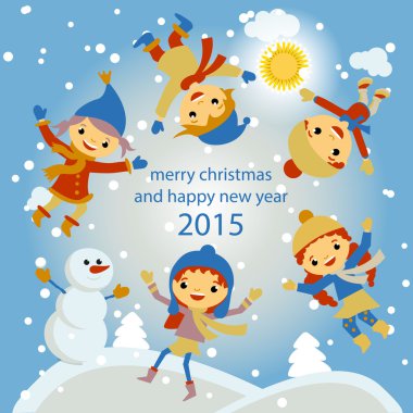 Kış manzarası, kar yağışı ve asılı, vektör çizim ile neşeli Noel tebrik kartı