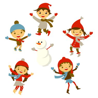 Winter Little girl snowman, Christmas boy snow  children vector set clipart