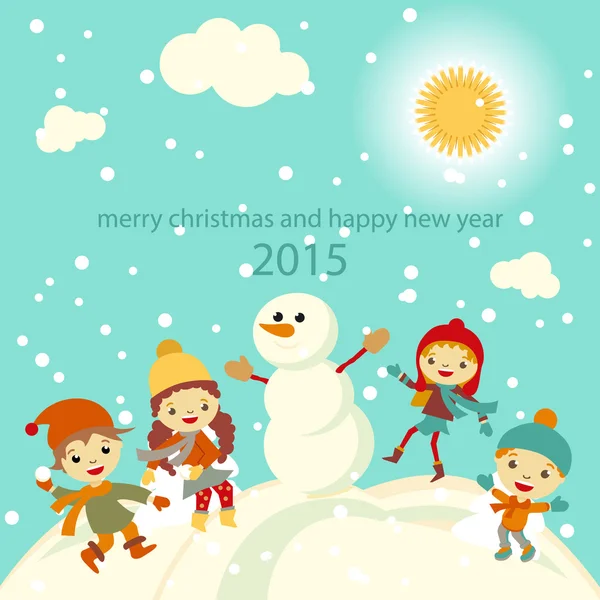 Kar retro Noel kartı ile oynayan mutlu çocuklar. Vektör çizim.