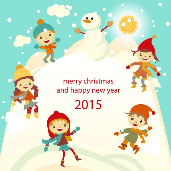雪のレトロなクリスマス カードと一緒に遊んで幸せな子供たち。ベクトル図. — ストックベクタ