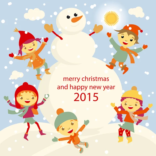 Kış eğlence kardan adam çocuklar 2015 retro vektör
