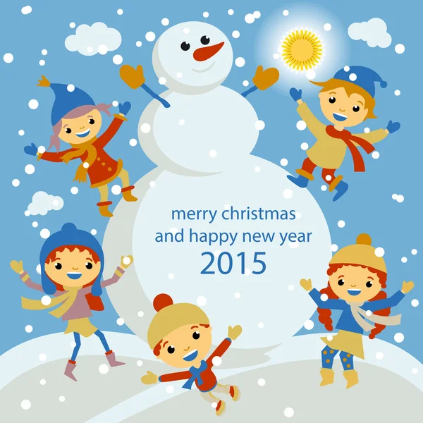 Merry Christmas wenskaart met winterlandschap, sneeuwval en opknoping, vectorillustratie — Stockvector