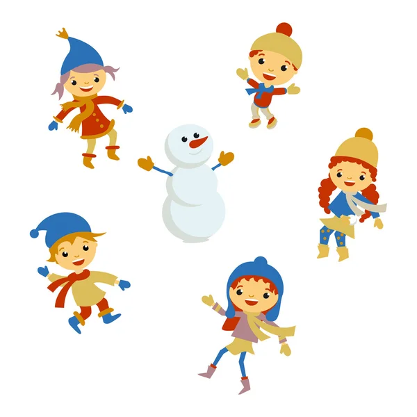 Vinter liten flicka snögubbe, Christmas boy snö barn vector set — Stock vektor