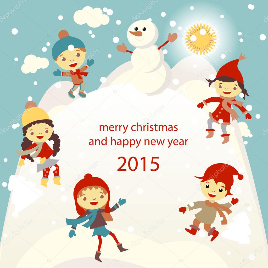 set of characters funny kids  winter snow vector 2015