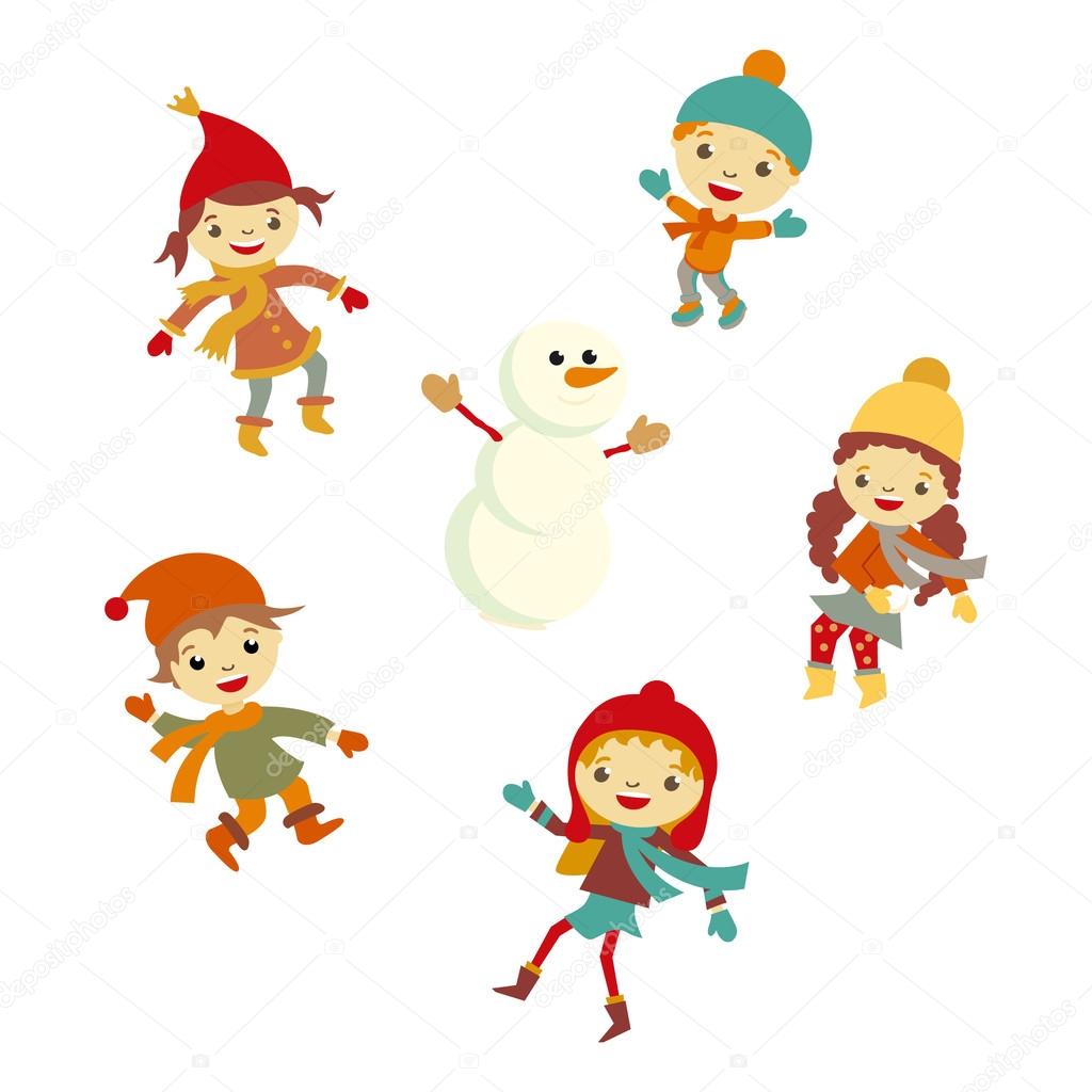 Winter Little girl snowman, Christmas boy snow  children vector set
